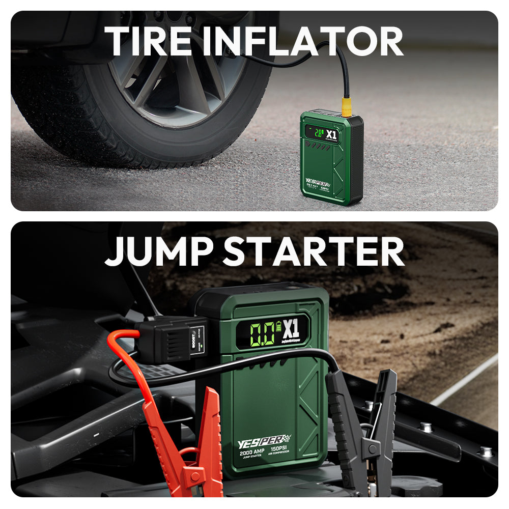 YESPER Jumper Box For Car Battery portable with Air Compressor， 150Psi Digital Tire Inflator portable and cordless ,2000A Peak 12V Battery Jumper Pack for (Up to 10L Gas/8.0L Diesel Engines)