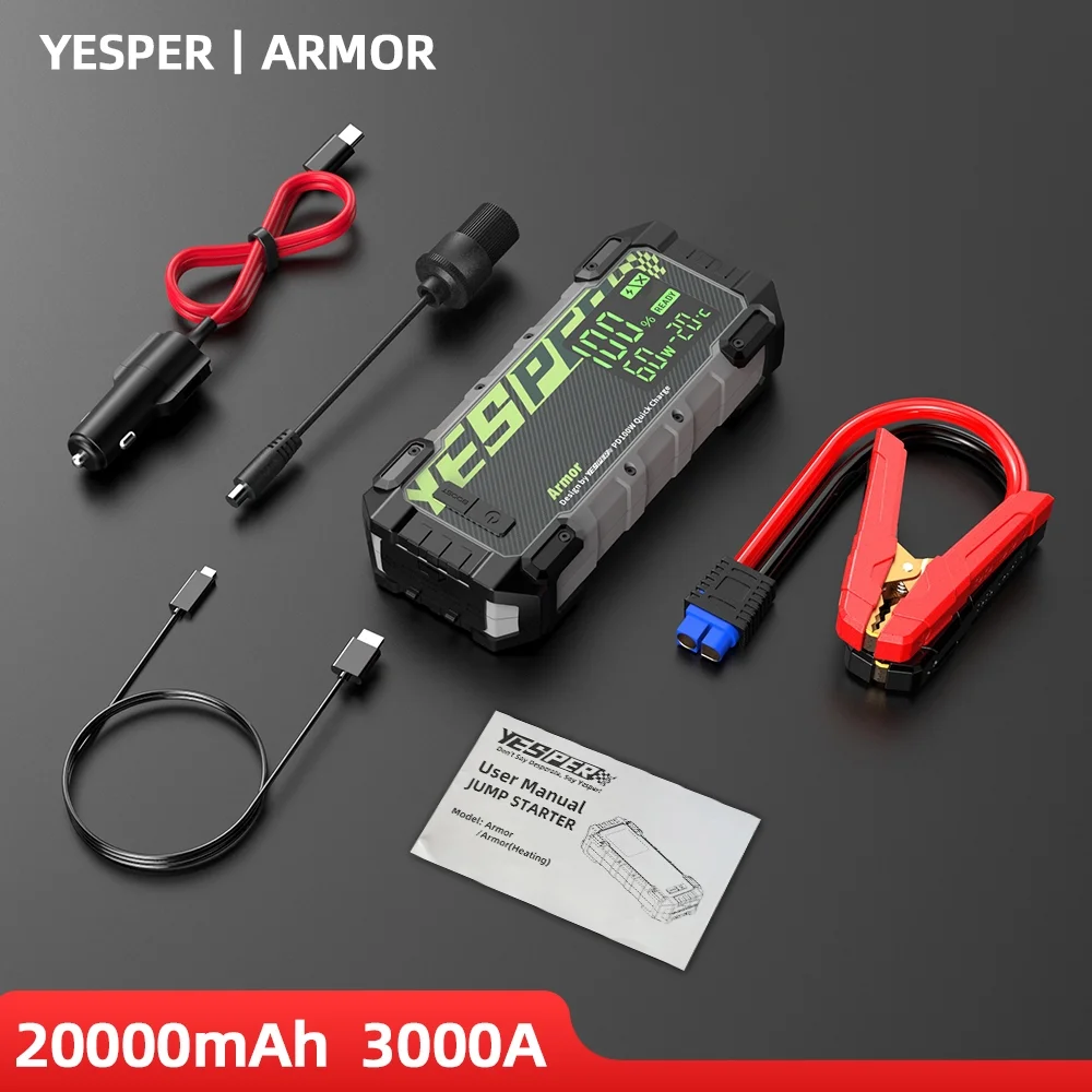 YESPER 3000A Jump Starter,12V Car Battery Jump Starter with 3.2inch LED Displays,100W Watt Quick Charge,Portable Battery Booster Box（10.0L Gas 8.0L Diesel Engines)with Jumper Cables